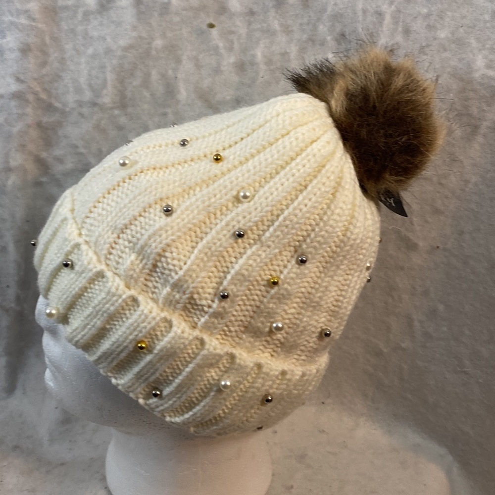 Warm And Snug Light Cream Knit Pearl And Beaded Beanie
